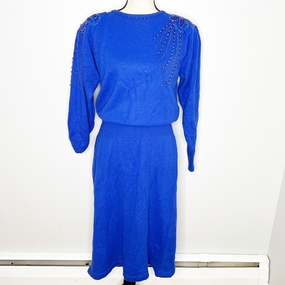 Vintage 80's Blue Knit Long Sleeve Sequin Midi Dress Size Small - Picture 1 of 8